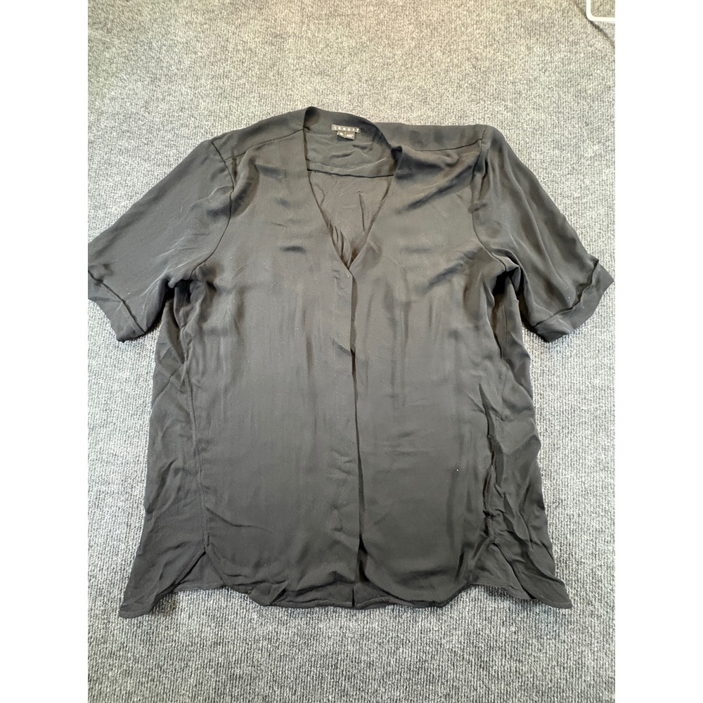 Theory Womens Black 100% Silk Short Sleeve V-Neck Hidden Button Blouse Size M